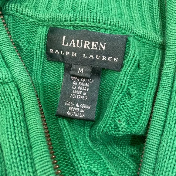 Lauren Ralph Lauren Green Cable Knit 1/4 Zip Sweater size Medium - Picture 5 of 6